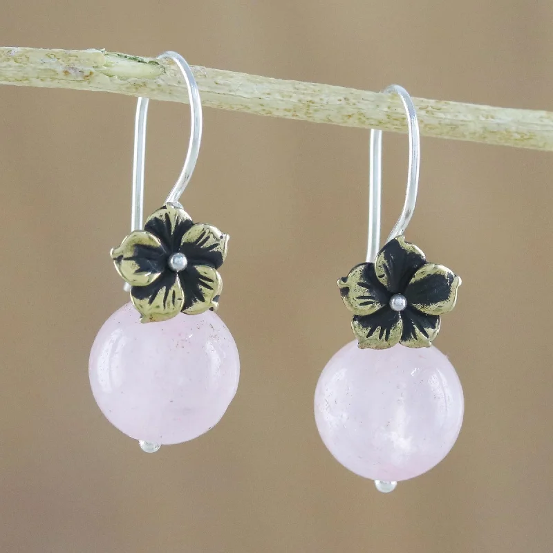Must-Have Jewelry At Unbelievable Discounts Lunar Florescence Hand Crafted Rose Quartz Dangle Earrings with Brass Flower