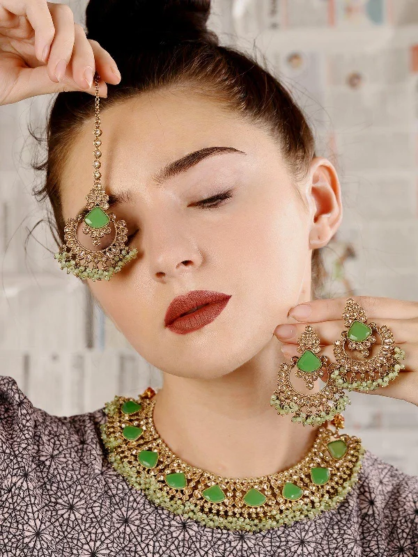 Affordable Luxury Jewelry For Every Occasion Odette Women Mint Green Engraved Stone Kundan Choker Set