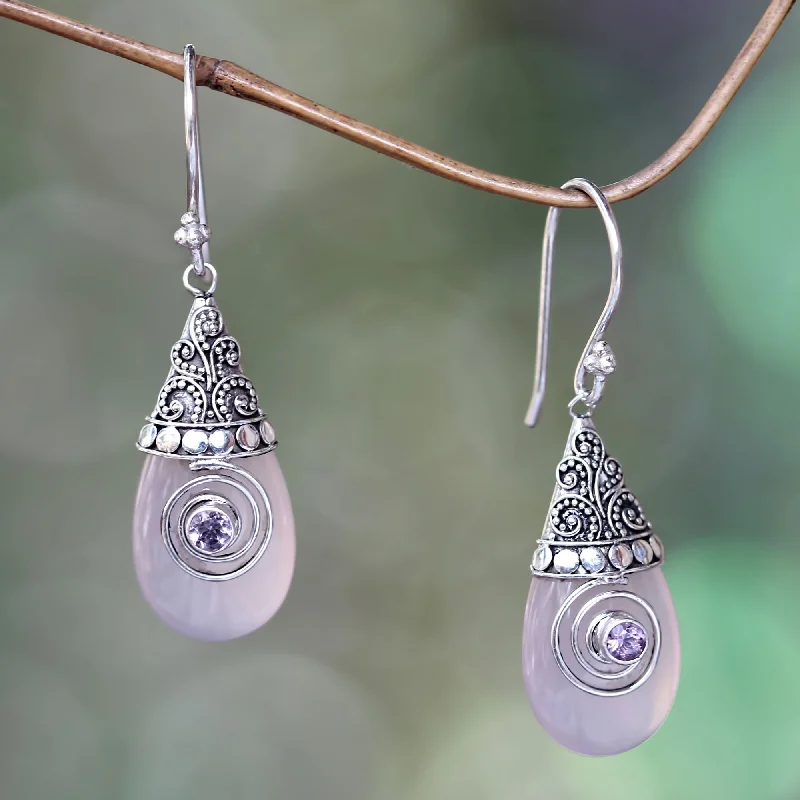 Premium Jewelry Now Available At Special Discounts Mount Bromo Dawn Rose Quartz and Amethyst Sterling Silver Dangle Earrings