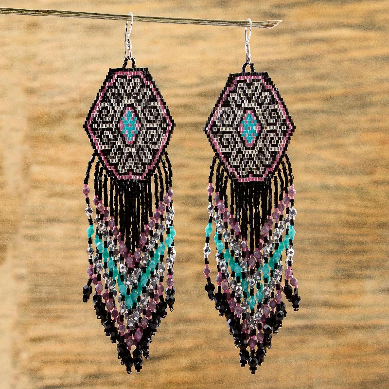 Jewelry Clearance Event – Stock Up Before It's Over Pink Extravaganza Huichol Beadwork Long Earrings in Black-Pink-Mint