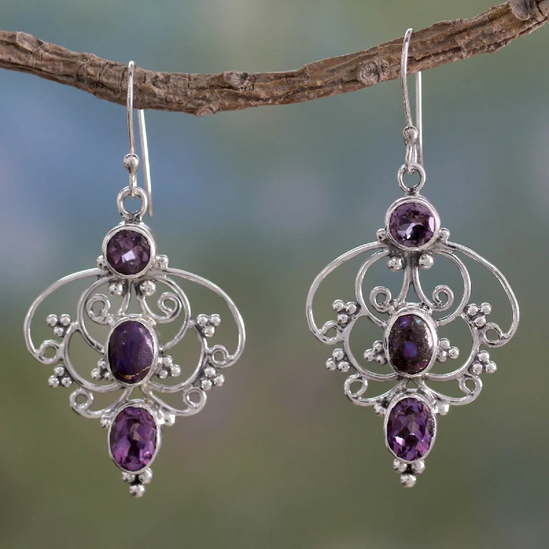 Shop Jewelry That Shines Without The High Price Purple Arabesque Artisan Crafted Amethyst Earrings with Composite Turquoise Shop Jewelry That Shines Without The High Price Purple Arabesque Artisan Crafted Amethyst Earrings with Composite Turquoise