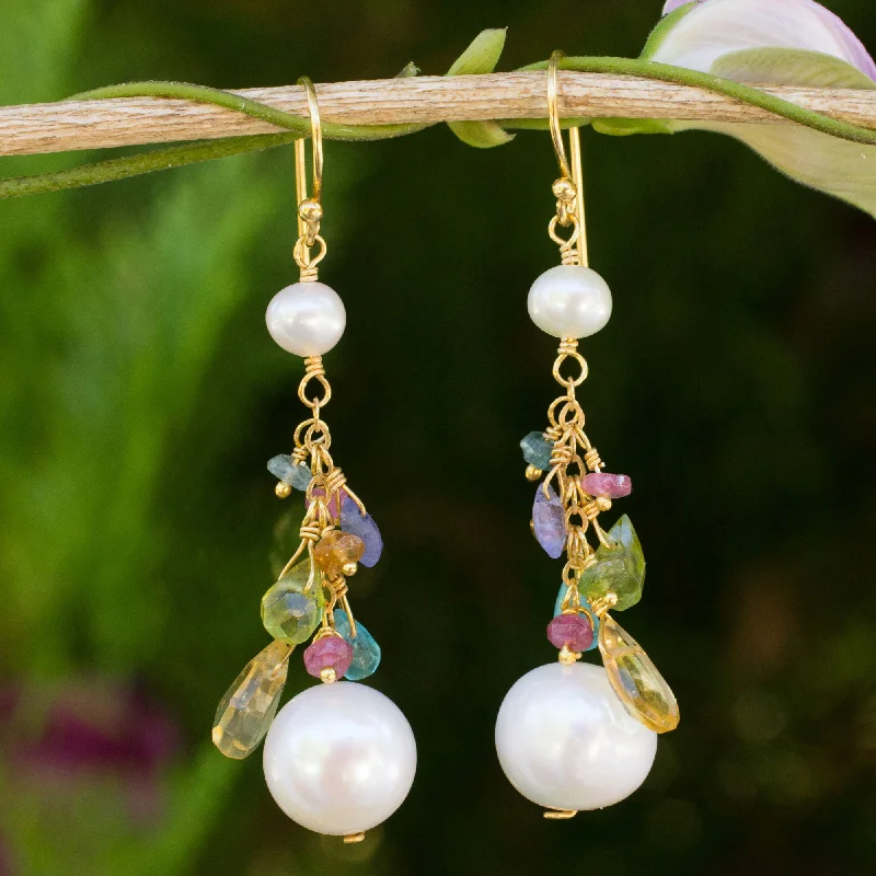 Dazzle With Discounts – Shop Jewelry On Sale Rainbow Waterfall Pearls and Gemstones on 24k Gold Plated Hook Earrings