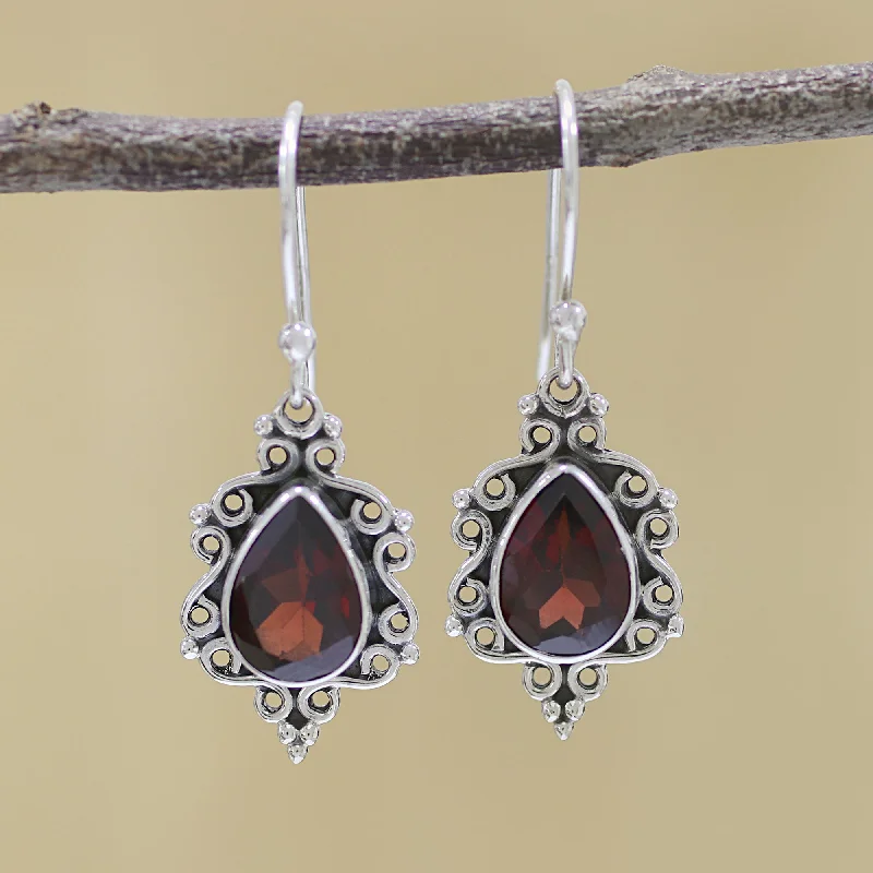 Discounted Jewelry For A Glamorous Look Red Intricacy Sterling Silver and Garnet Dangle Earrings from India