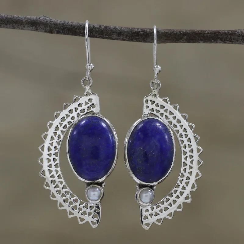 Unique Jewelry For Less – Shop The Sale Now Sun Ray Crescents Lapis Lazuli and Pearl Crescent Dangle Earrings from India