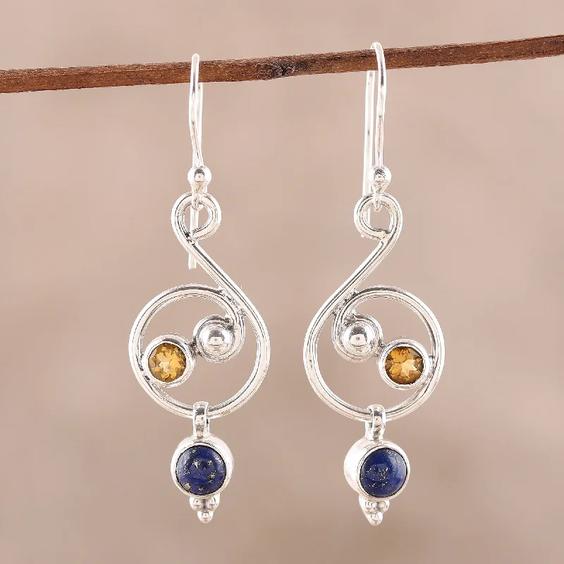 Discounted Luxury Jewelry – Shine Without The Splurge Swirling Royal Lapis Lazuli and Citrine Earrings Crafted in India