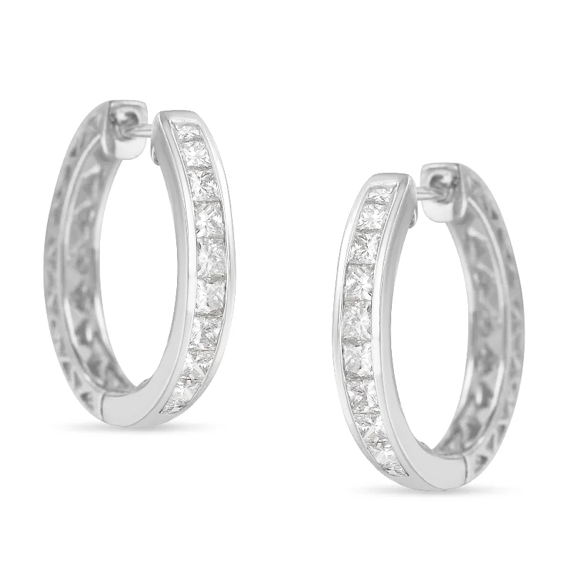 Luxury Jewelry Sale – Sparkle For Less 10K White Gold 1.0 cttw Channel Set Princess-Cut Diamond Hoop Huggy Earrings
