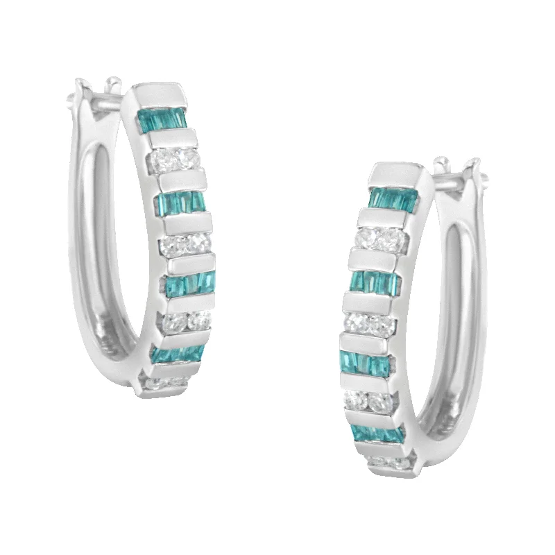 Exclusive Jewelry Sale – Shine For Less 10k White Gold Round and Blue Baguette 1/2 cttw Diamond Hoop Earrings