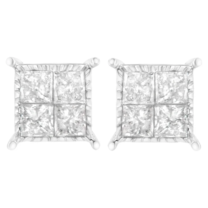 Trendy Minimalist Jewelry For Everyday Wear 10K White Gold Square Earrings with Princess Cut Diamond