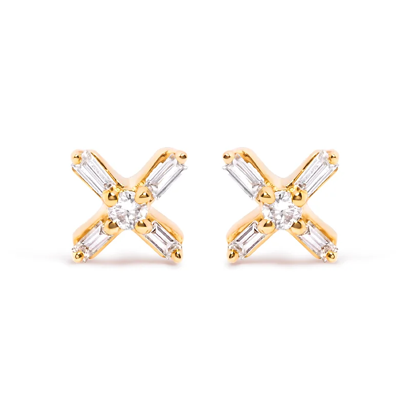 Shop Stylish Jewelry Now And Save Big 10K Yellow Gold 1/10 Cttw Round and Baguette Diamond Criss Cross X Stud Earring