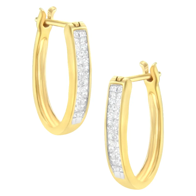 Trendy Minimalist Jewelry For Everyday Wear 10K Yellow Gold 1/2 Cttw Invisible Set Princess-cut Diamond Hoop Earrings