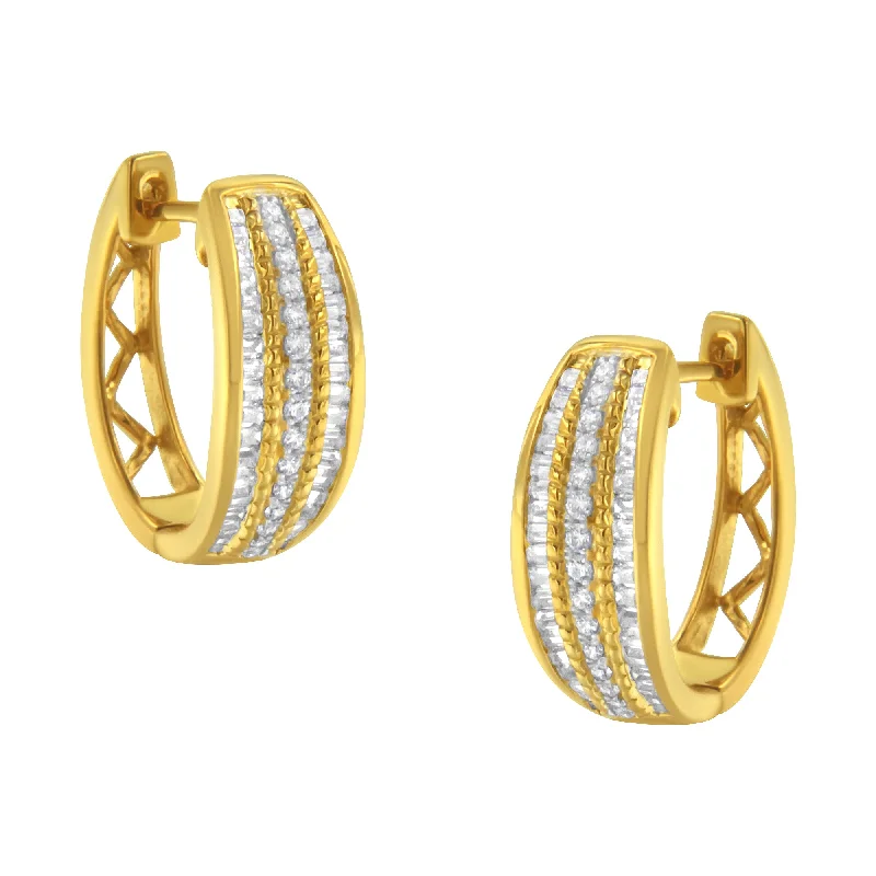Shop Dazzling Jewelry With Special Promotional Discounts 10K Yellow Gold 3/4 Cttw Pave and Channel Set Diamond Triple Row Modern Hoop Earrings