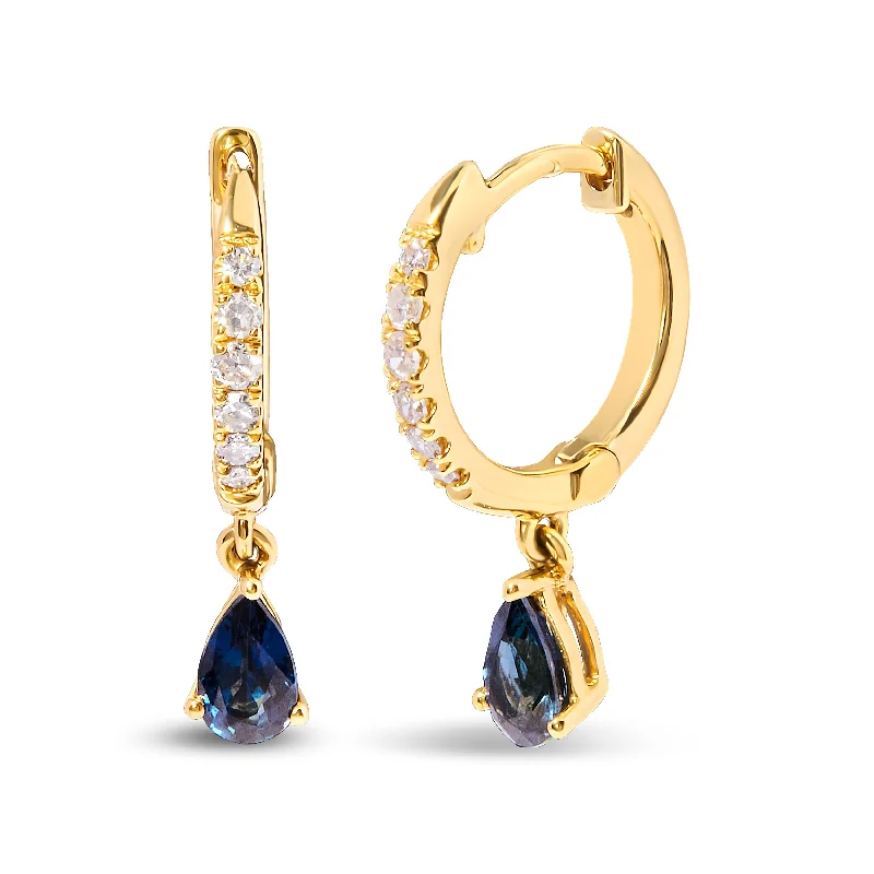 Don't Miss Out On Jaw-Dropping Jewelry Discounts 10K Yellow Gold Pear Blue Sapphire and 1/10 Cttw Diamond Drop and Dangle Huggy Hoop Earrings
