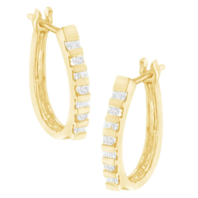 Fashion-Forward Jewelry At Incredible Prices 10K Yellow Gold Round and Baguette Cut Diamond Oblong Hinged Leverback Hoop Earrings