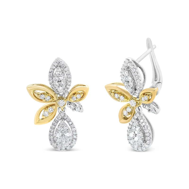 Clearance Sale On High-End Jewelry Collections 14K White and Yellow Gold 1.00 Cttw Round Pave-Set Diamond Teardrop and Marquise Shape Drop Dangle Earrings