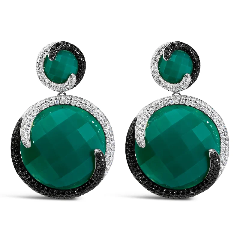 Affordable Luxury Jewelry For Every Occasion 14K White Gold 2.0 Cttw White and Black Diamond and Green Agate Double Medallion Disc Drop and Dangle Earrings