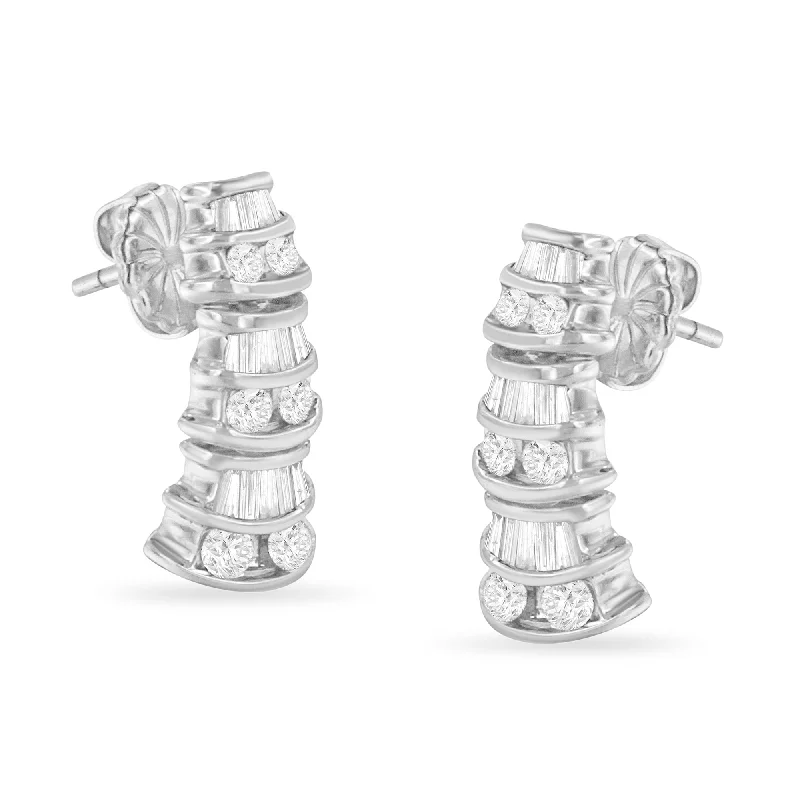Shop Elegant Jewelry At Unbeatable Prices 14K White Gold 7/8 cttw Baguette & Round Brilliant-Cut Diamond Dangle Multi Row Earrings