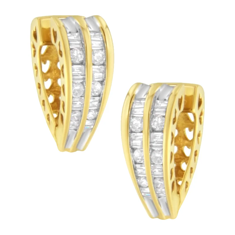 Timeless Beauty, Unbeatable Deals – Jewelry Sale On 14K Yellow and White Gold 1.0 Cttw Channel Set Round and Baguette Diamond Multi Row Huggy Hoop Earrings