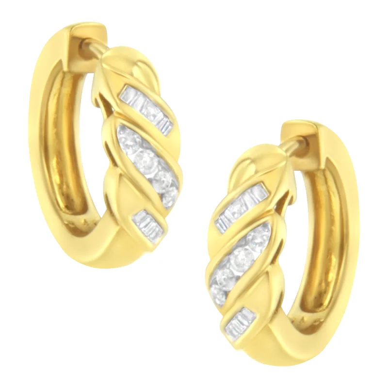 Dazzle With Discounts – Shop Jewelry On Sale 14K Yellow Gold 1/4 ct TDW Alternating 3 Row Baguette & Round Brilliant-Cut Diamond Huggy Hoop Earrings