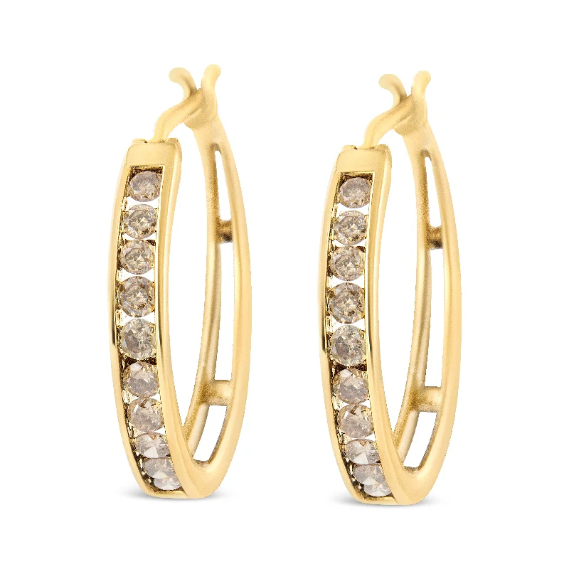 Limited-Time Jewelry Discounts – Shine Without The Splurge 14K Yellow Gold Plated .925 Sterling Silver 1.0 Cttw Channel Set Champagne Diamond Hoop Earrings with Snap Post