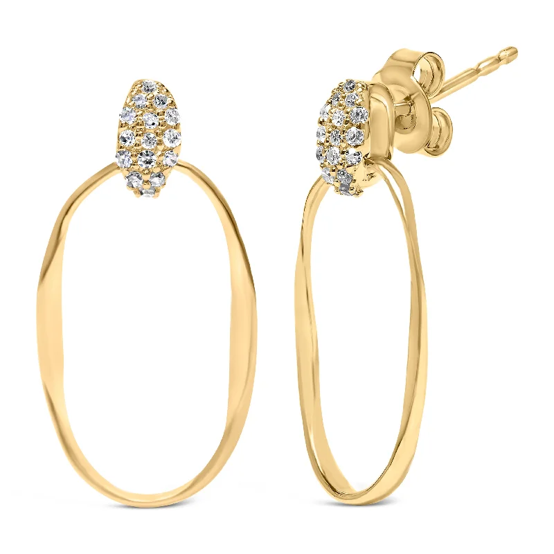 Last Chance To Grab Your Favorite Jewelry At A Discount 14K Yellow Gold Plated Sterling Silver 1/10 Cttw Diamond Textured Open Oval Dangle Hoop Earrings
