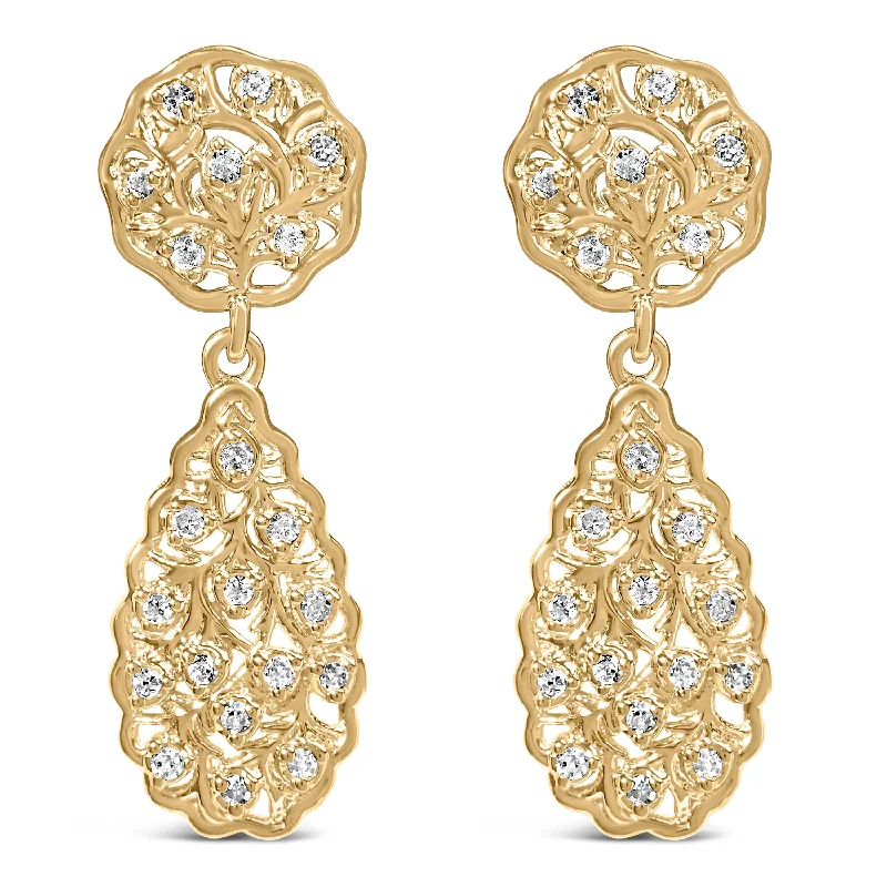 Final Call For Exquisite Jewelry At Reduced Rates 14K Yellow Gold Plated Sterling Silver 1/5 Cttw Diamond Teardrop Filigree Earrings