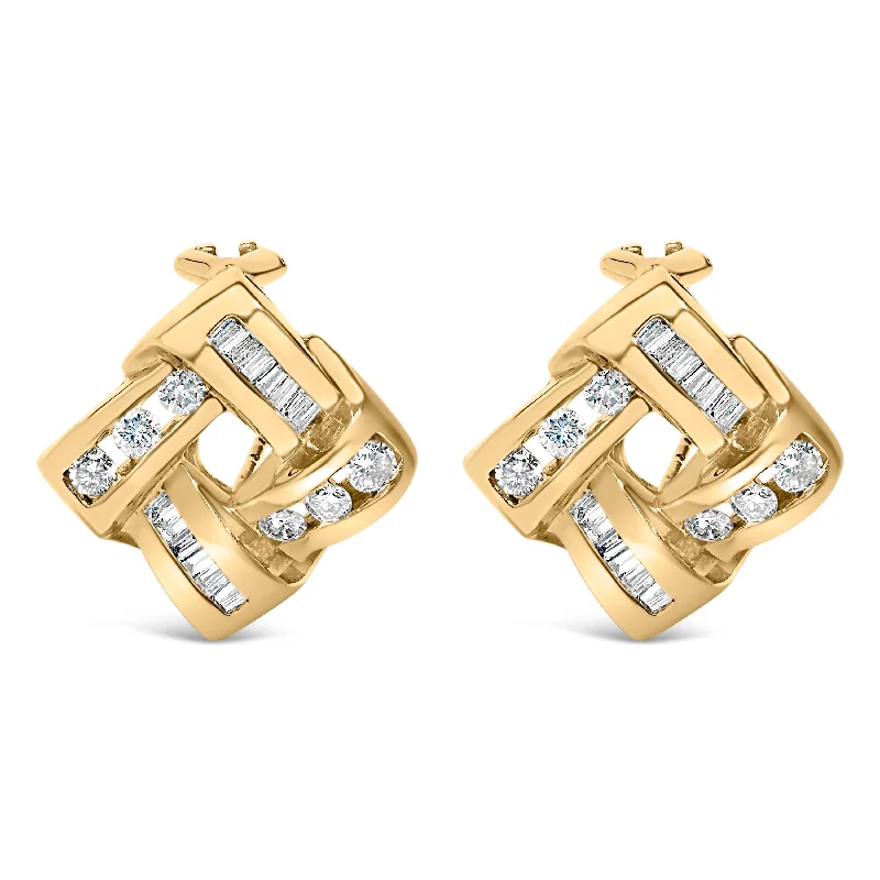 Classic And Modern Jewelry Styles On Sale 14K Yellow Gold Round and Baguette Cut Diamond Earrings