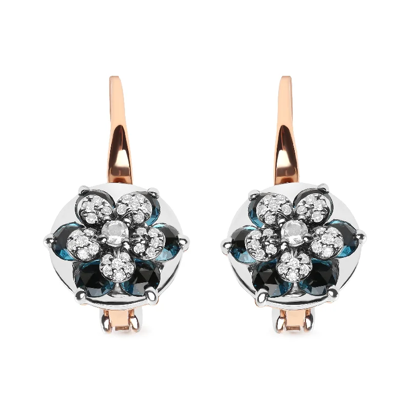 Exclusive Jewelry Sale – Sparkle For Less 18K Rose and White Gold 1/3 Cttw Round Diamonds and Round London Blue Topaz Gemstone Cluster Floral Drop Hoop Earrings
