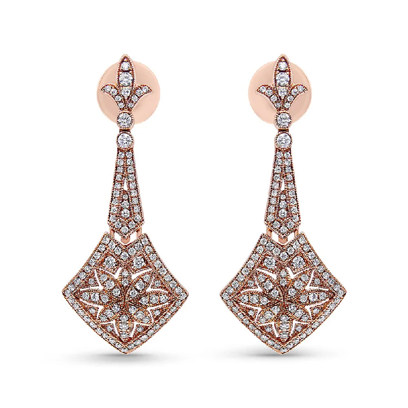 Trending Jewelry Styles Now At Limited-Time Discounts 18K Rose Gold 1 1/3 Cttw Diamond Studded Fleur De Lis Trellis Style Drop and Dangle Earring