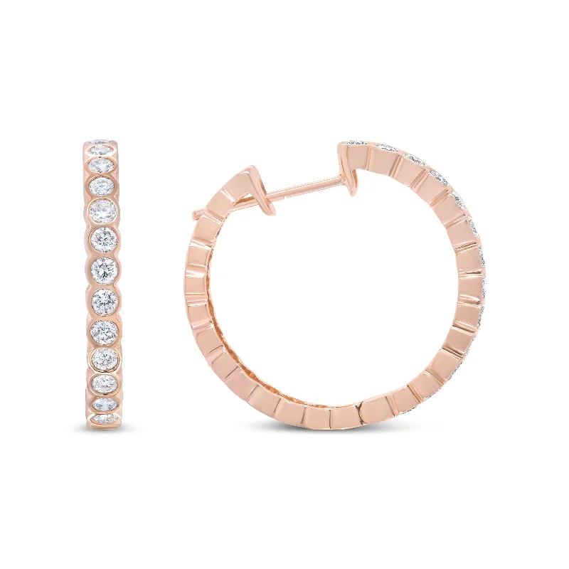 Personalized Jewelry At Special Discount Rates 18K Rose Gold 1 Cttw Round Bezel-Set Diamond Hoop Earrings