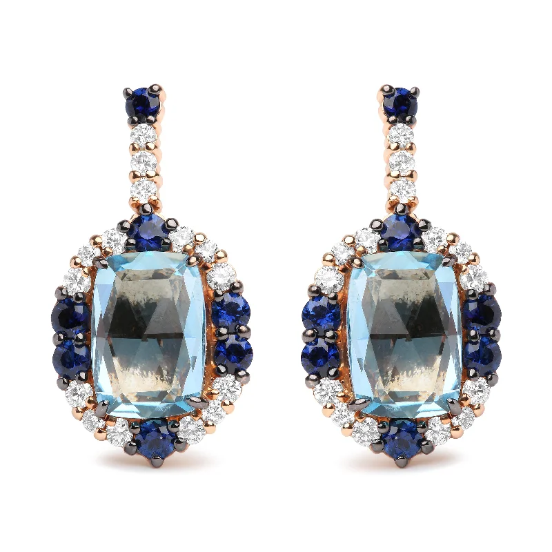 Get The Jewelry You Love At A Price You Love 18K White and Rose Gold and 3/4 Cttw Diamond with Round Blue Sapphire and 13x8mm Cushion Cut Sky Blue Topaz Gemstone Cluster Dangle Earrings