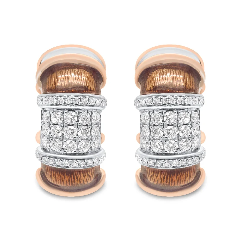Luxury Jewelry At Unbeatable Discounts 18K White and Rose Gold Flash Plated .925 Sterling Silver Clear Brown Enamel 1/6 Cttw Round Diamond Huggie Hoop Earrings