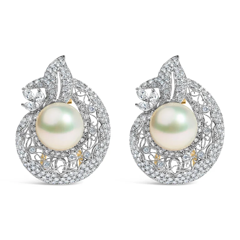 Affordable Luxury Jewelry For Every Occasion 18K White and Yellow Gold 1 1/2 Cttw Diamond and 14MM Cultured Freshwater Pearls Vintage Inspired Filigree Hoop Earrings