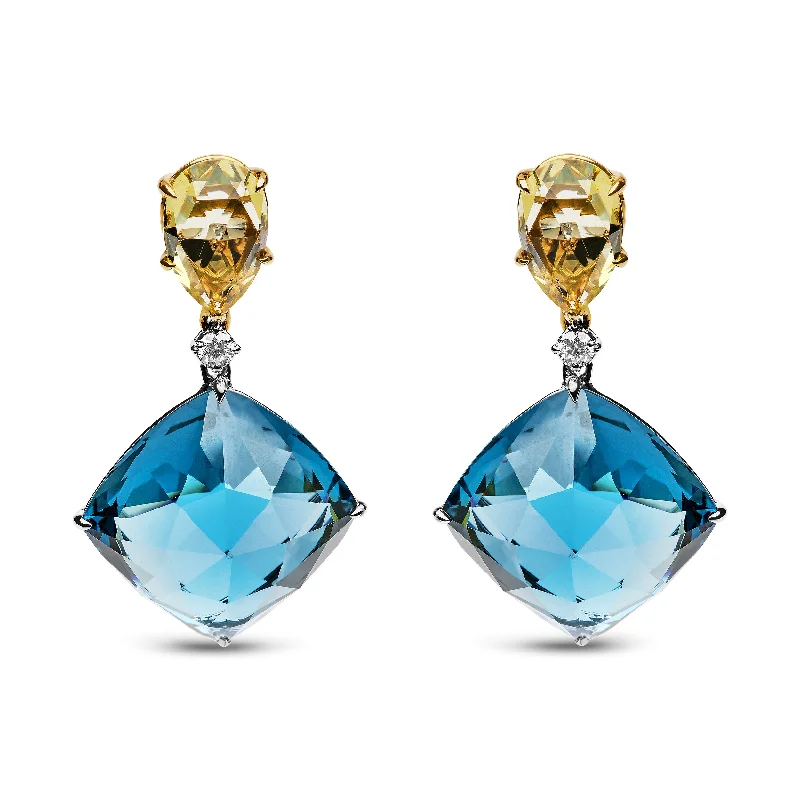 Celebrate Every Occasion With Sparkling Savings 18K White and Yellow Gold 1/5 Cttw Diamond with Pear Cut Lemon Quartz, and Cushion Cut London Blue Topaz Gemstone Dangle Earring