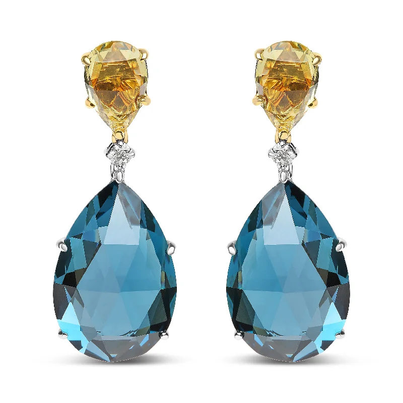 Modern Statement Jewelry For Bold Styling 18K White and Yellow Gold 1/5 Cttw Diamond with Pear Cut Lemon Quartz and Pear Cut London Blue Topaz Gemstone Dangle Earring