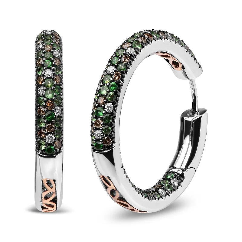 Customized Silver Jewelry For Unique Style 18K White Gold 1.00 Cttw Brown and White Diamond and 1.3mm Round Green Tsavorite Gemstone Inside Outside Hoop Earrings