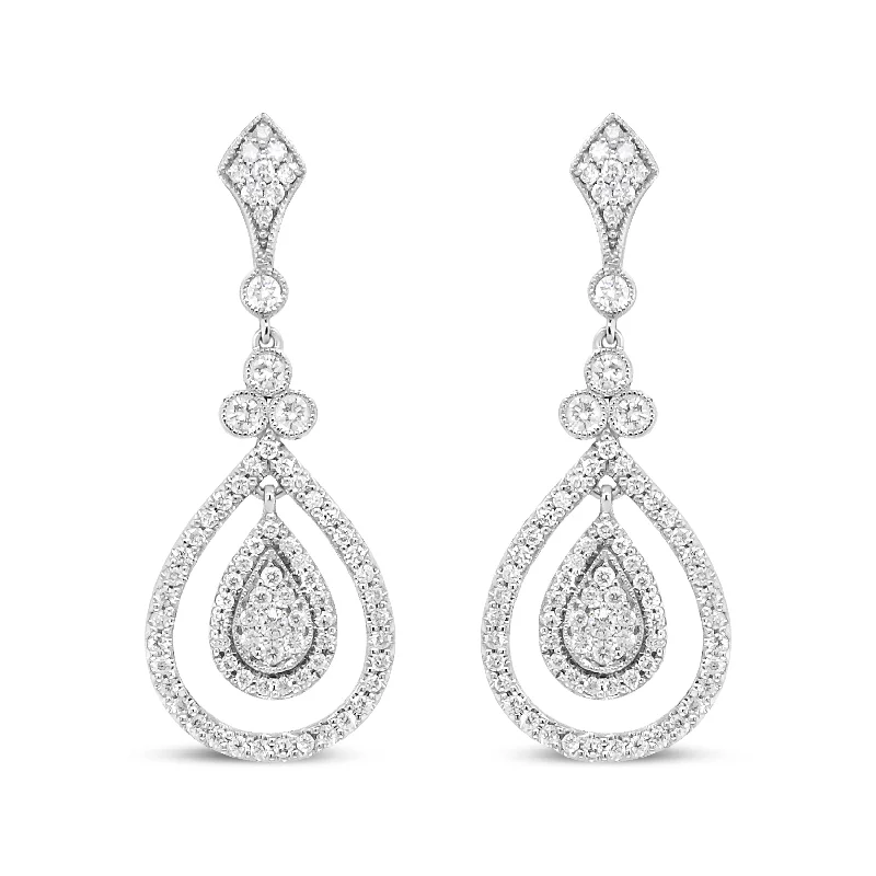 Exclusive Online Discounts On Stylish Jewelry 18K White Gold 1 1/4 Cttw Round Diamond Openwork Teardrop-Shaped Dangle Earrings