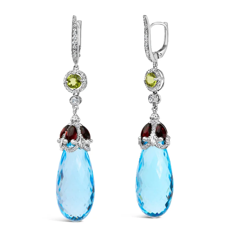 Upgrade Your Jewelry Collection For Less 18K White Gold 1/2 Cttw Diamond and 22mm Blue Topaz and Garnet Drop and Dangle Earrings