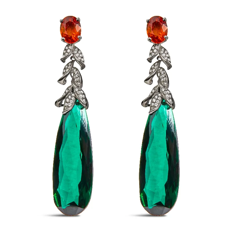 Personalized Engraved Jewelry For Meaningful Gifts 18K White Gold 1/2 Cttw Diamond and Green Quartz Art Deco Inspired 2 1/3" Inch Drop and Dangle Earrings