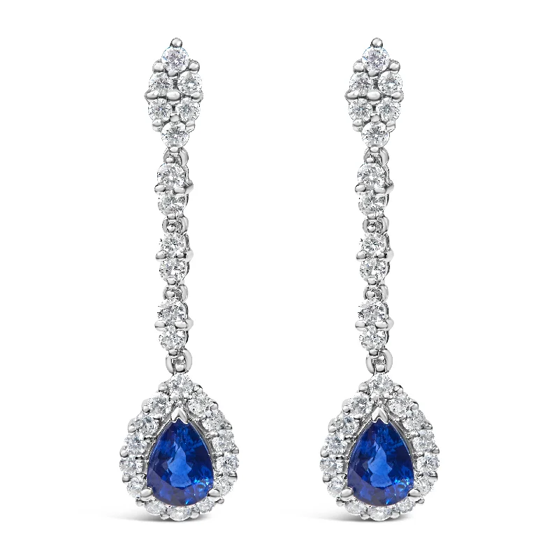 Last Chance To Shop High-End Jewelry At Markdown Prices 18K White Gold 1 3/5 Cttw Diamond and 7X5 MM Pear Shaped Blue Sapphire 1 1/3 Inch Drop and Dangle Halo Earrings