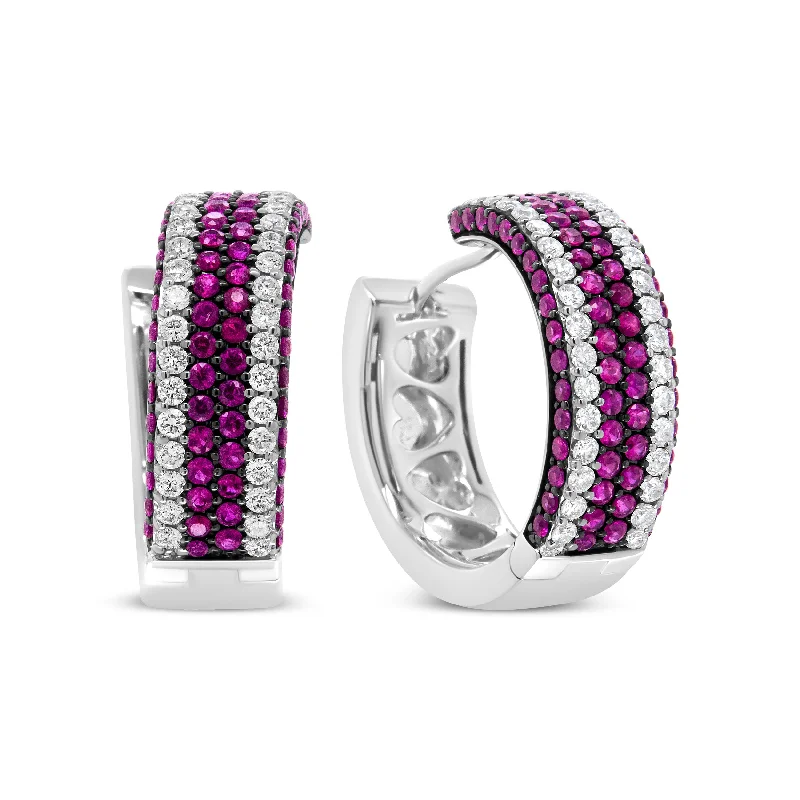 Luxury Meets Affordability – Jewelry Sale Now Live 18K White Gold 1 7/8 Cttw Diamond and 1mm Round Red Ruby Open Swish Hoop Earrings