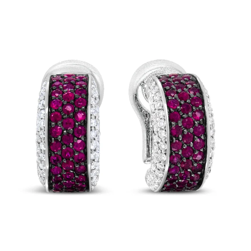 Exclusive Jewelry Bundles At Discounted Prices 18K White Gold and Black Rhodium Plated 3/4 Cttw Round Diamonds and 1mm Round Red Ruby Huggie Hoop Earrings