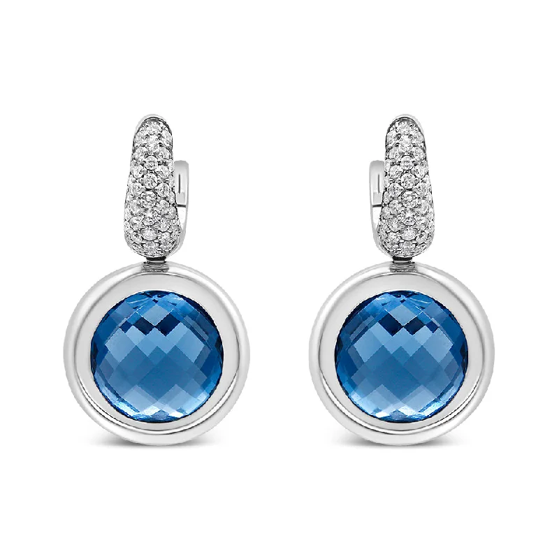 Exclusive Jewelry Bundles At Discounted Rates 18K White Gold Bezel Set 11mm Blue Topaz and 1/2 Cttw Invisible Set Diamond Bale Dangle Earrings