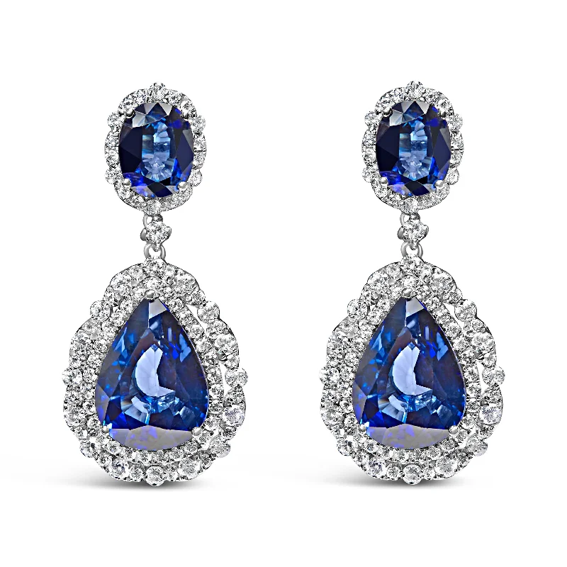 Premium Diamond Jewelry For Unforgettable Moments 18K White Gold Blue Sapphire 2 3/4 Cttw Diamond Halo Drop Dangle Earring