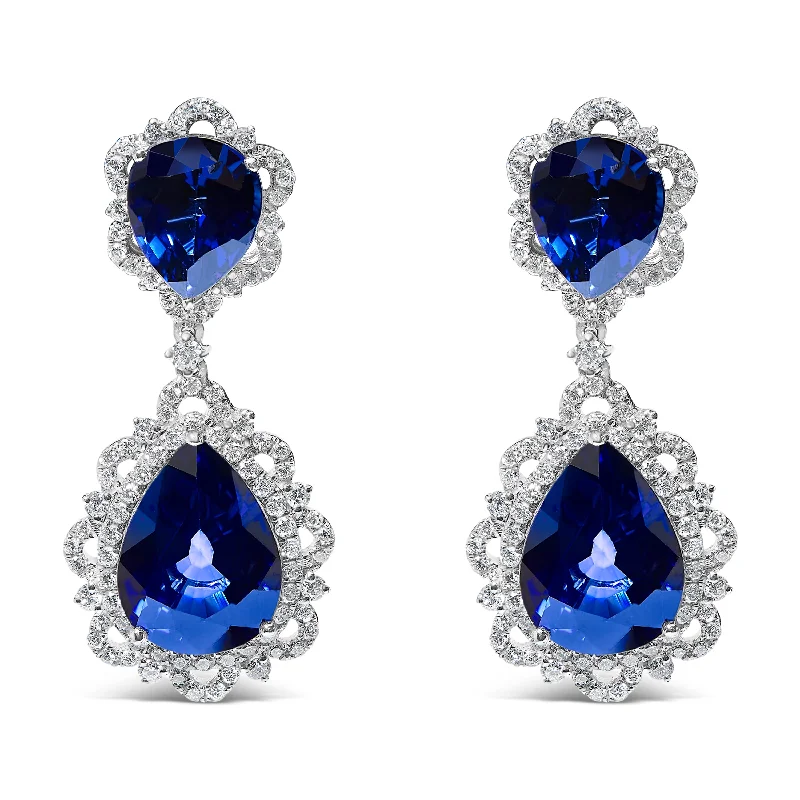 Unique Jewelry Designs Now At Discounted Rates 18K White Gold Blue Sapphire and Diamond 2.00 Cttw Diamond Halo Drop and Dangle Earring