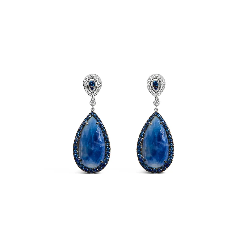 Your Perfect Accessory Now At The Best Price 18K White Gold Earring 30x15MM Pear Shaped Blue Sapphire and Diamond Halo Drop and Dangle Earrings