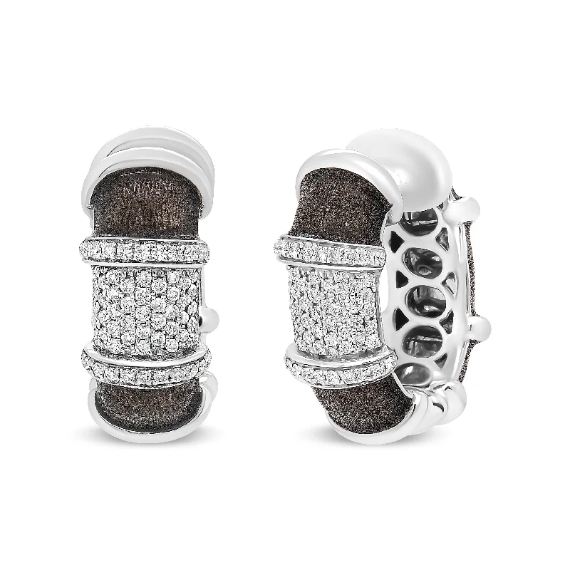 Fashion-Forward Geometric Jewelry For Contemporary Style 18K White Gold Flash Plated .925 Sterling Silver Clear Graphite Grey Enamel 5/8 Cttw Round Diamonds Huggie Hoop Earrings