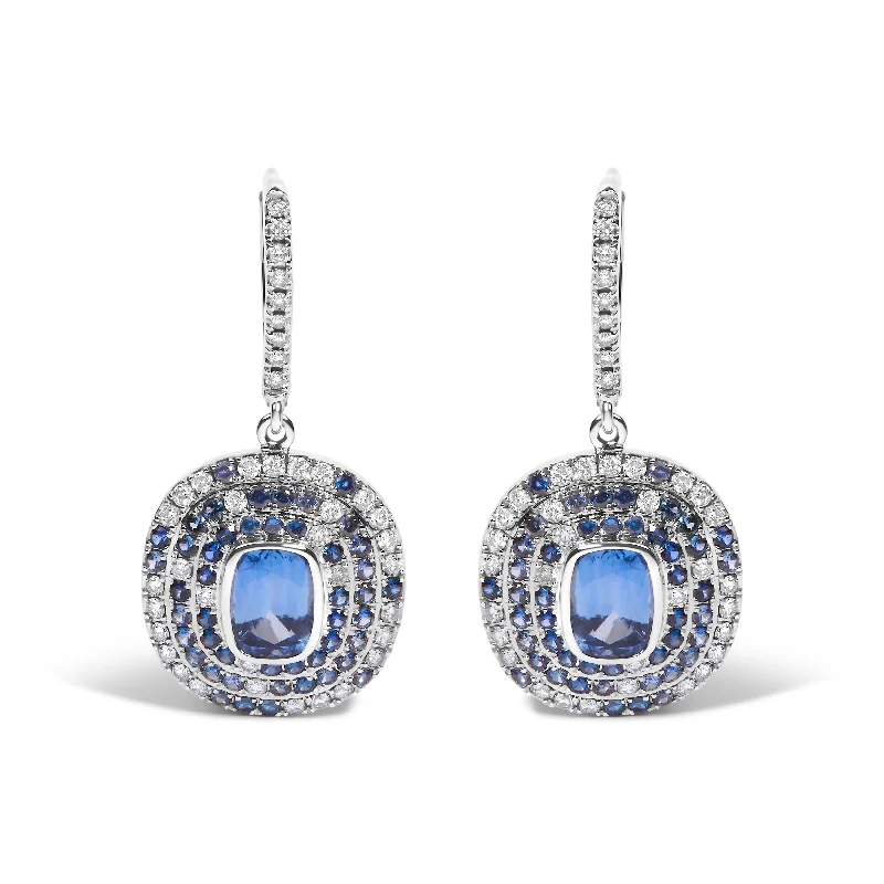 Limited-Stock Jewelry Clearance – Grab Your Favorites Now 18K White Gold Natural Blue Sapphire and Diamond Scattered Halo Drop and Dangle Leverback Earrings