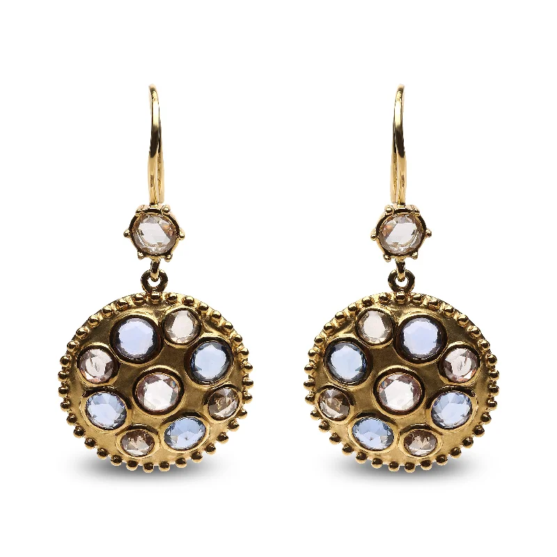 Bohemian-Inspired Jewelry For Free-Spirited Fashion 18K Yellow Gold 1 2/3 Cttw Diamond and Blue Sapphire Bezel Set Gemstone Cluster Medallion Dangle Earrings