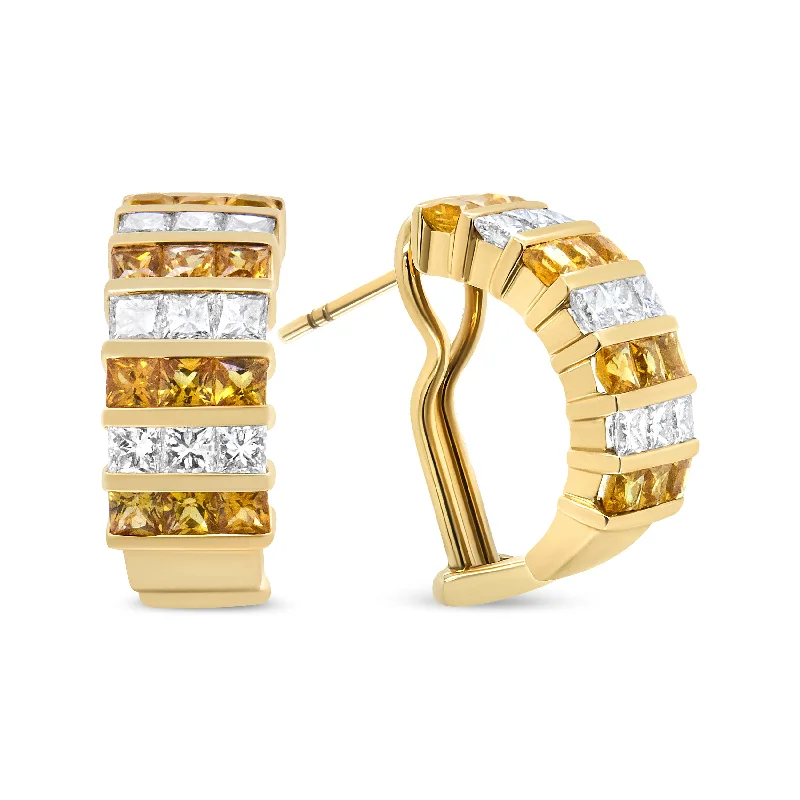 Premium Jewelry Now Available At Special Discounts 18K Yellow Gold 1 3/4 Cttw Invisible Set Princess Cut Diamond and 2.5mm Yellow Sapphire Huggie Hoop Earrings