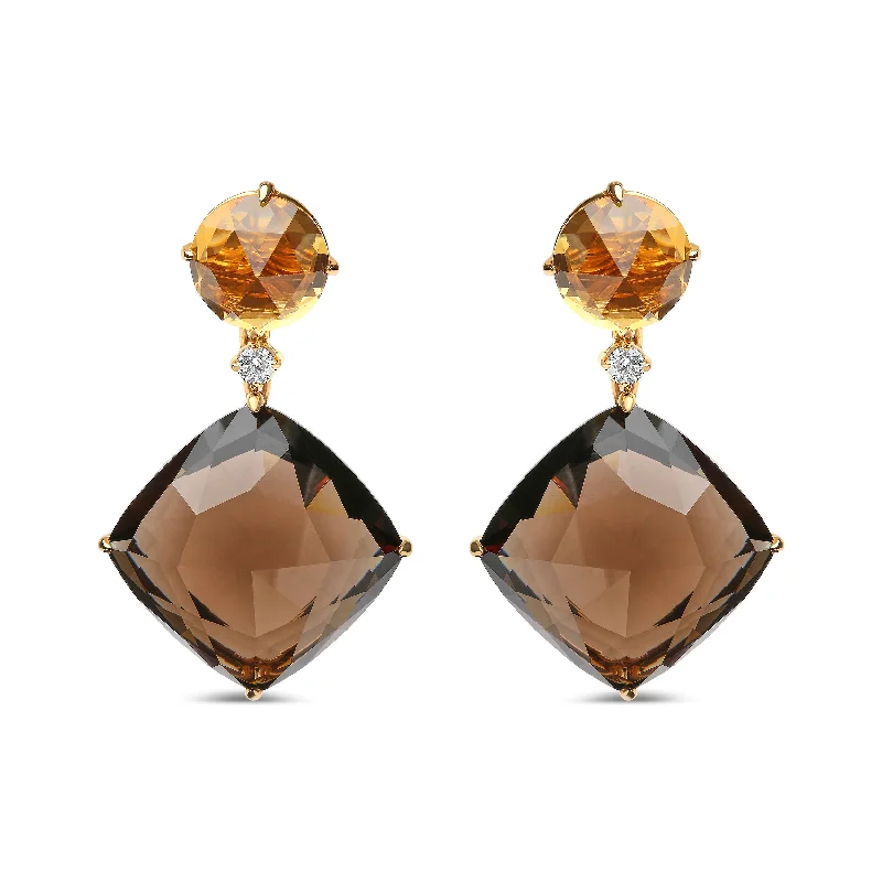 Luxury Jewelry Now At Special Promotional Rates 18K Yellow Gold 1/5 Cttw Diamond with Round Yellow Citrine and 25mm Cushion Cut Smoky Quartz Gemstone Dangle Earring